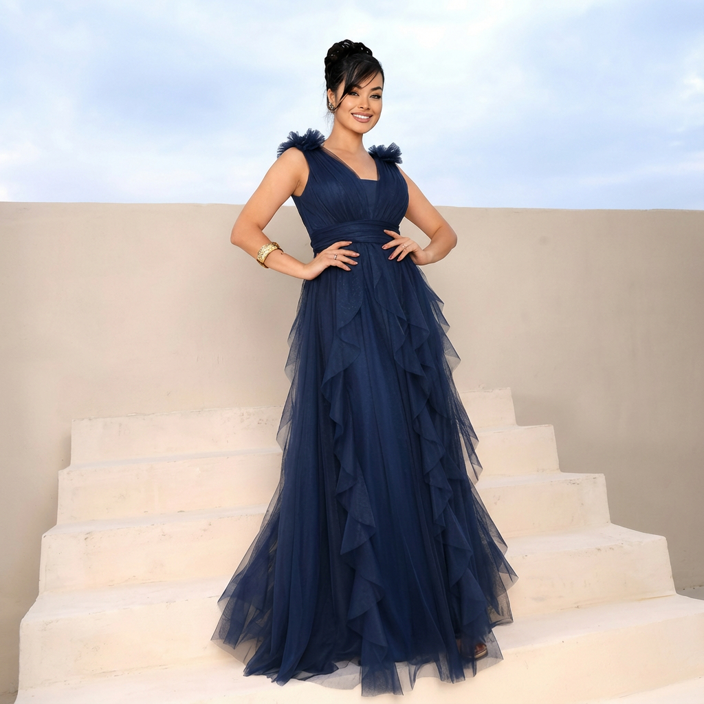 Vestido Longo de Festa Elegante em Tule modelo cam