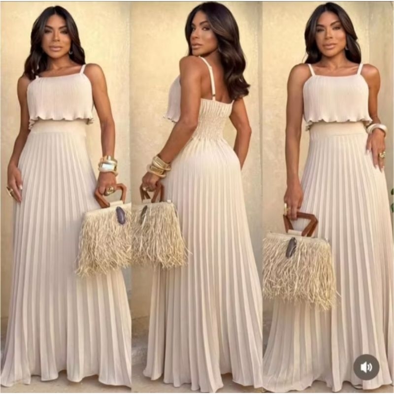 VESTIDO LONGO FEMENINA PLISSADO TENDÊNCIA TECIDO