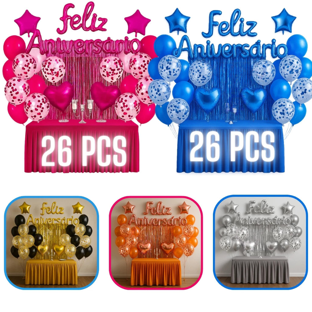 Kit 26 Pcs Balão Feliz Aniversario Cortinas Bexig