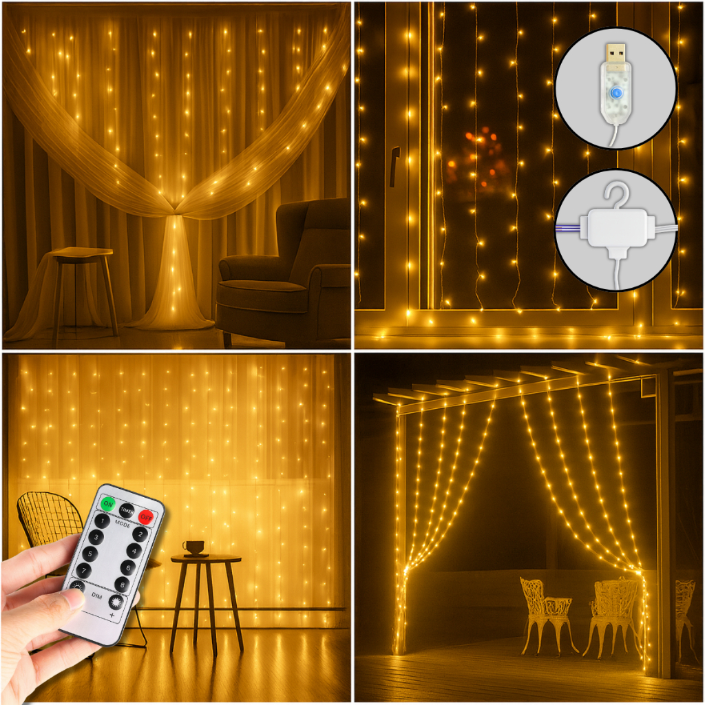 Cortina Pisca Pisca LED 3x3m 300 Leds Branco Quent