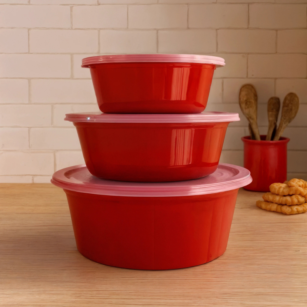 Kit jogo 3 Bacias Plásticas Canelada Com Tampa co