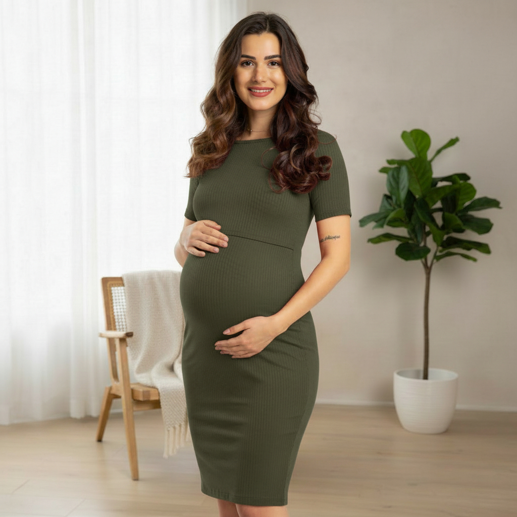 Vestido Amamentação Manga Curta Canelado Plus Si