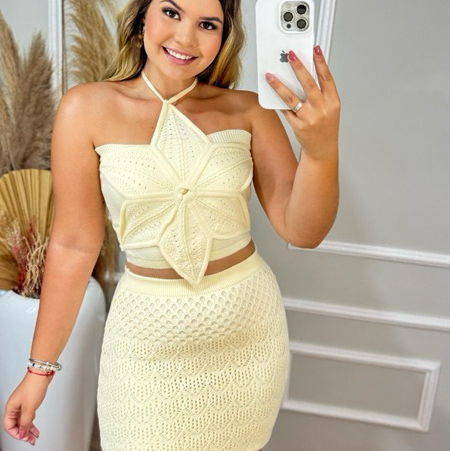 Conjunto Feminino Tricot Cropped Alçinha Flor e S