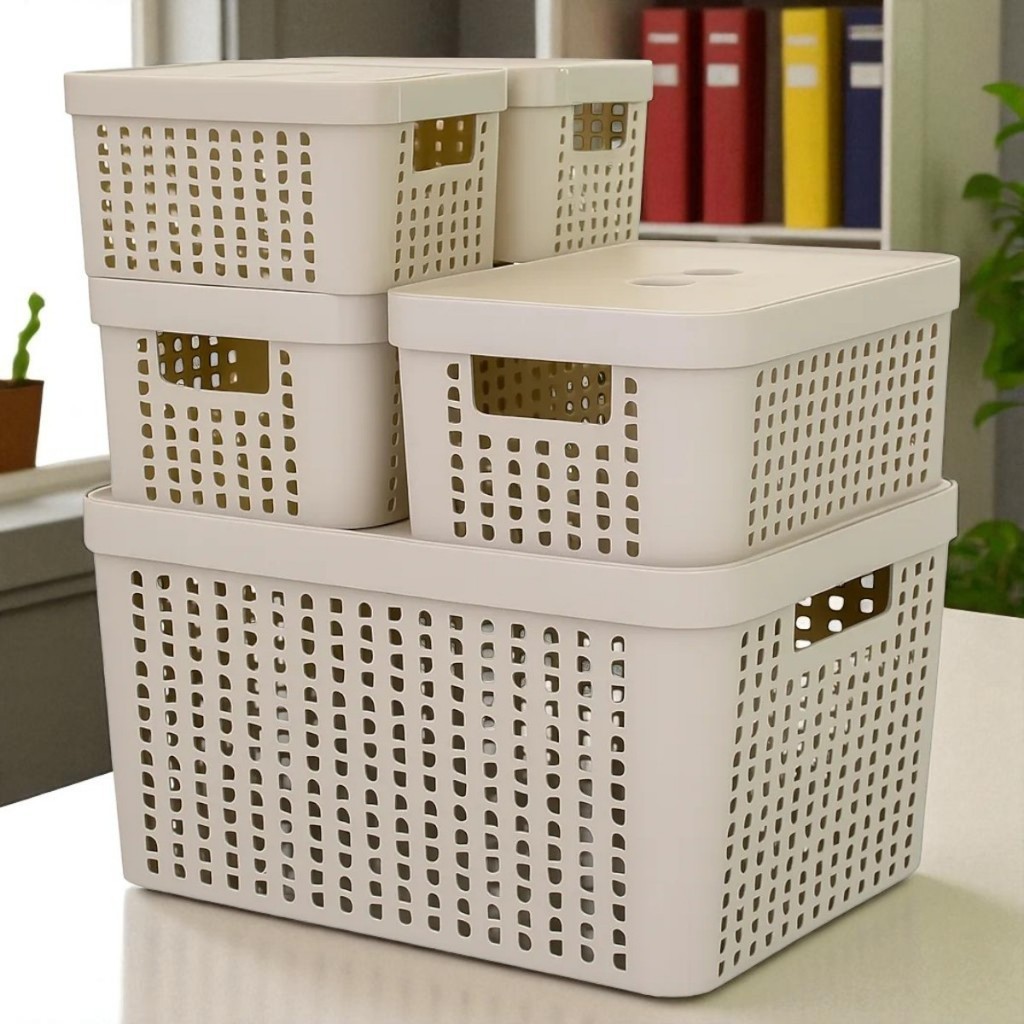 Kit 5 Caixas Organizadoras com Tampa Cesto Grande 