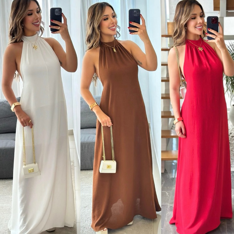 Vestido Longo Gola Alta Tecido Duna Elegante Solto