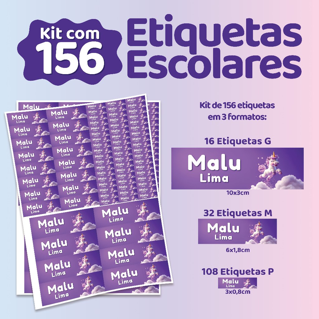 Kit com 156 Etiquetas Escolares em Vinil Adesivo  