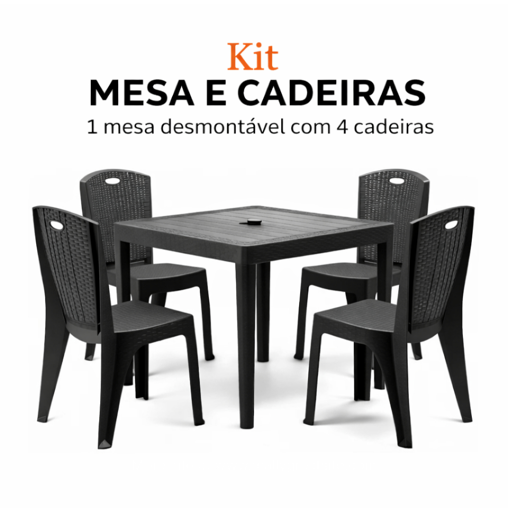 Kit Mesa com 4 Cadeiras Rattan Empilhável