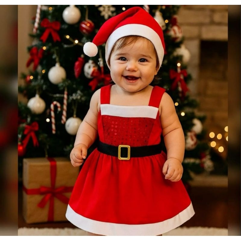 Vestido de Natal Bebê Menina  Mamãe Noel  Vermel