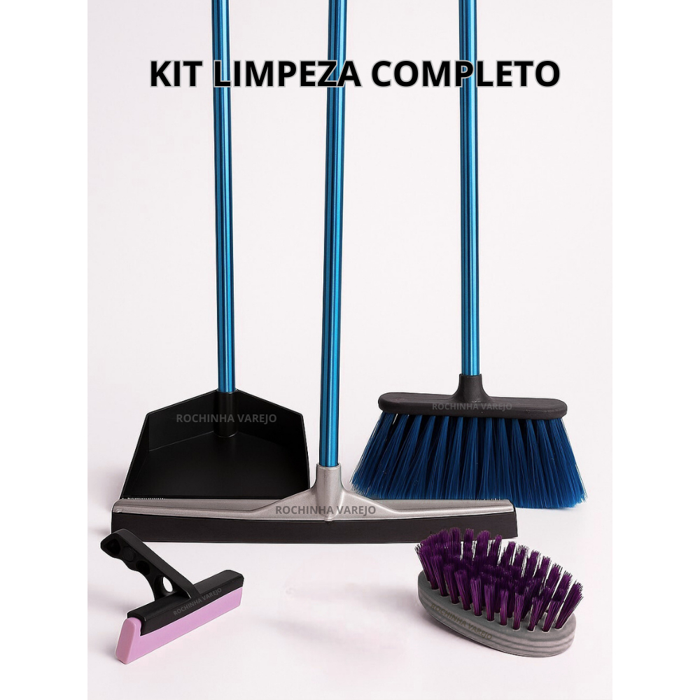 Kit Vassoura, Rodo Grande Duplo,  Pá de Lixo Com 