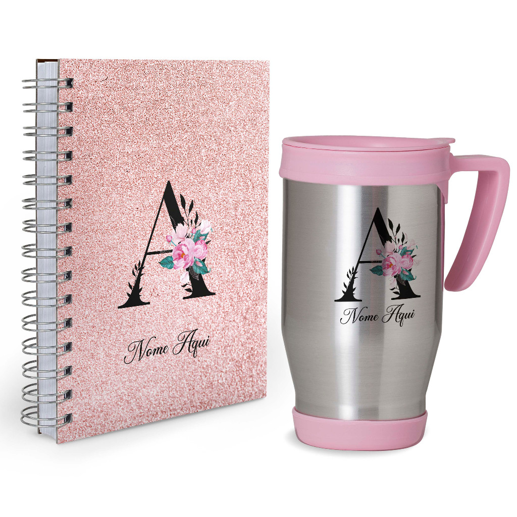 Kit Agenda 2026 + Caneca Iniciais Areia Rosa/Rosa 