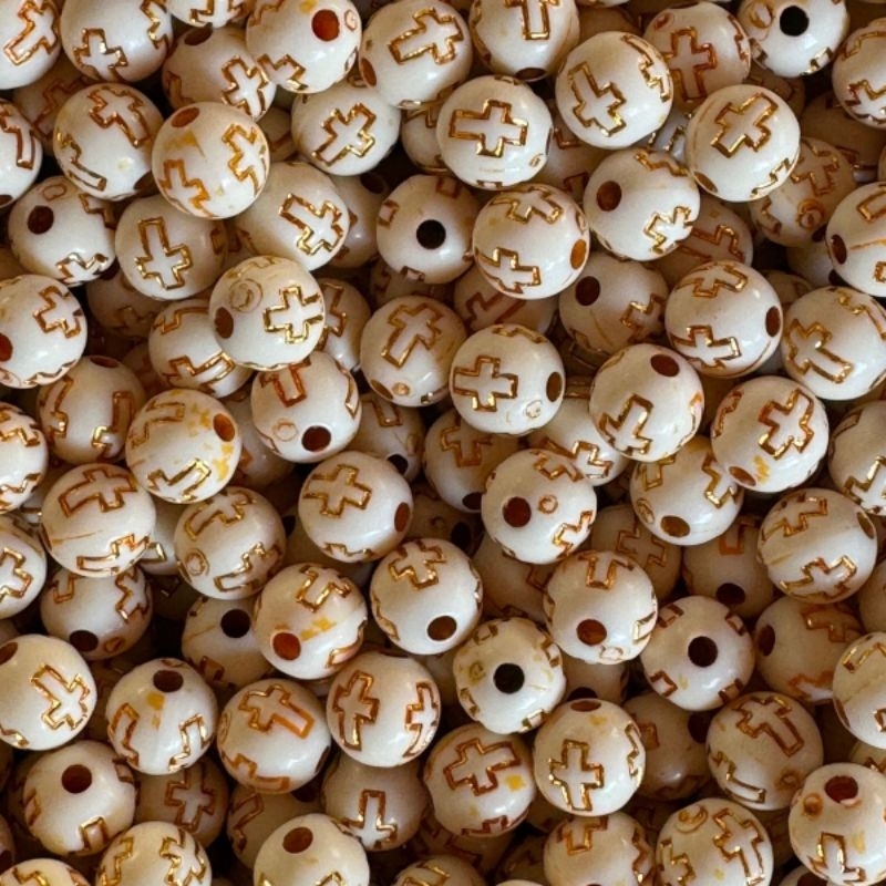 Miçanga Bola C/ Cruz – 8mm – Bege/Dou