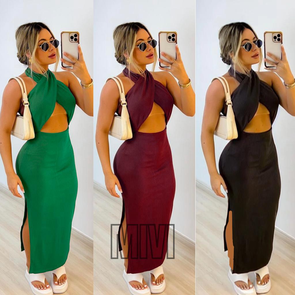 Vestido Feminino Longo tecido Canelado com Recorte