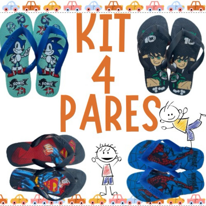 Kit 4 pares infantil meninO sortidos chinelo