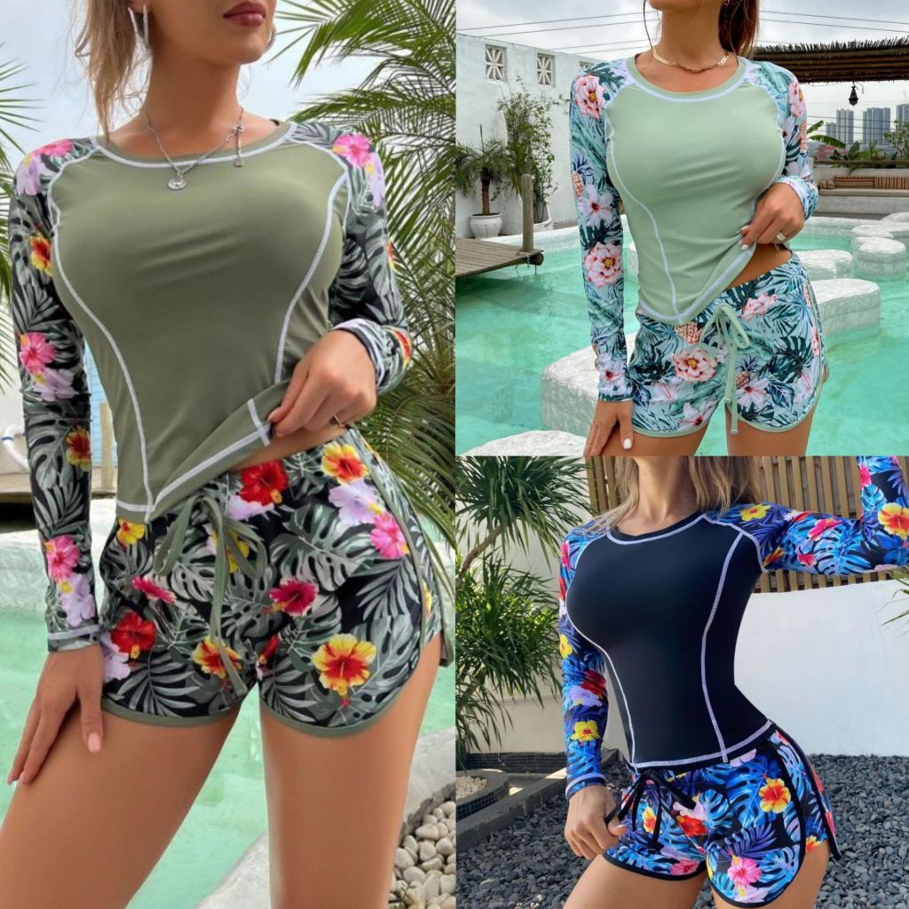 Conjunto De Maiô Feminino E Shorts De Manga Compr