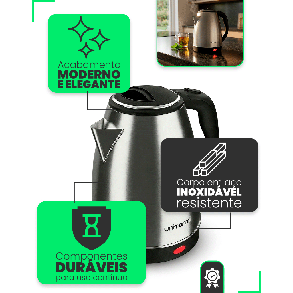 Chaleira Elétrica 1,8 Litros Térmica Inox Bule C