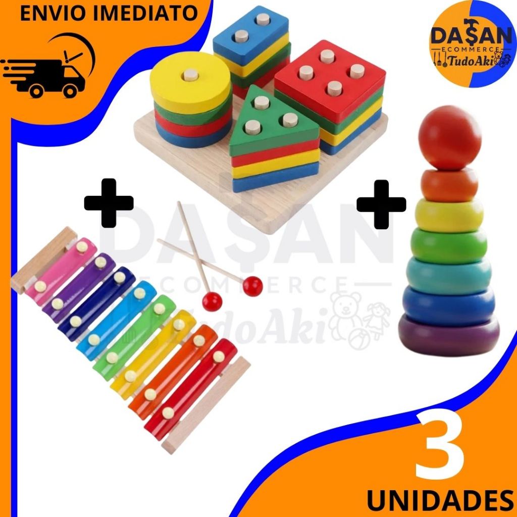 KIT 3 Brinquedo Montessori de Madeira  Torre de En