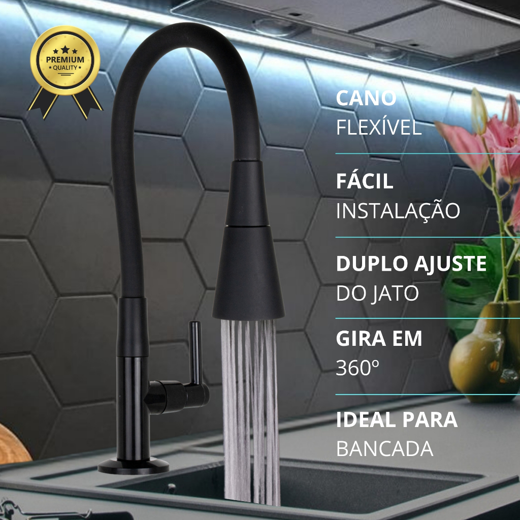 Torneira Bancada Cozinha Gourmet Preta Flexivel 2 
