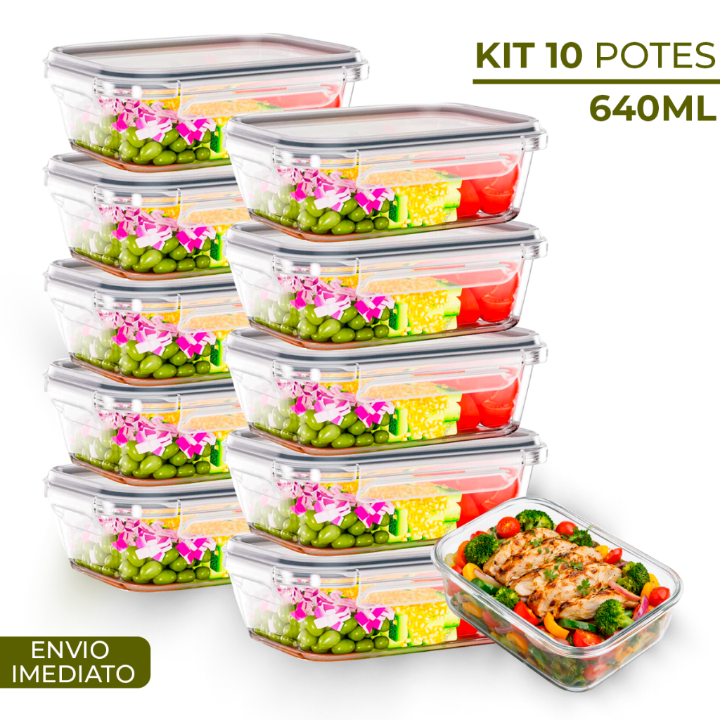 Conjunto 10 Potes 640ml Vidro Hermético 4 Travas 