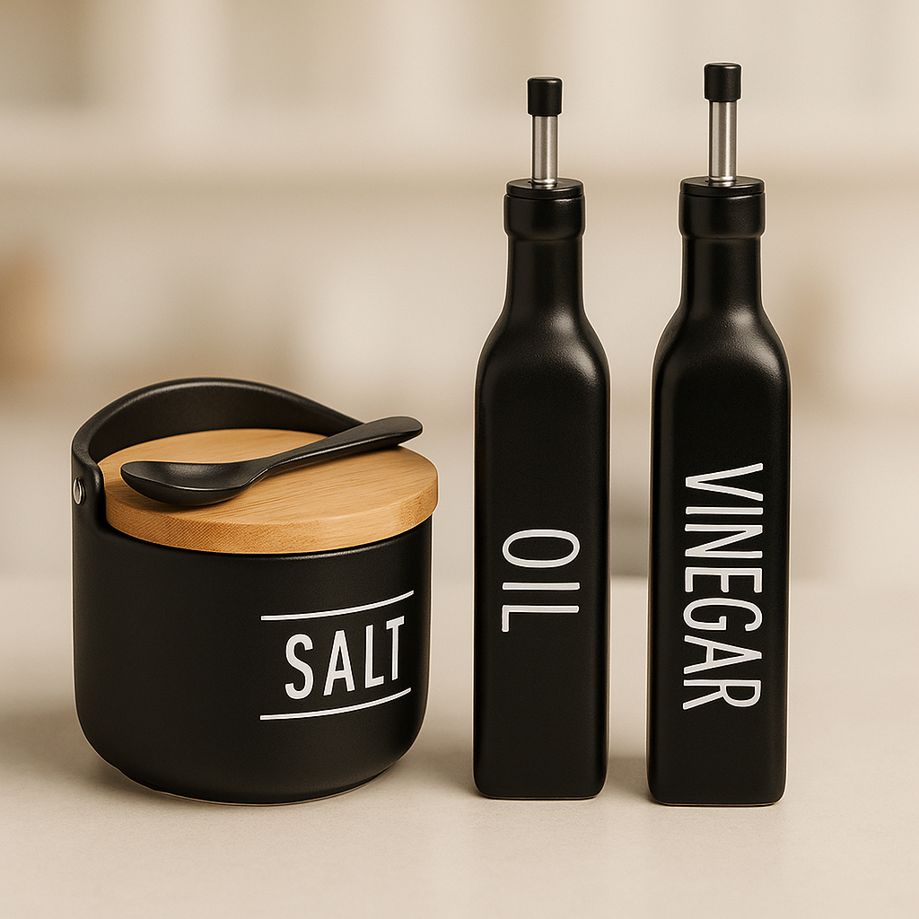 Kit Saleiro Vinagreiro Azeiteiro Preto Vidro Porce