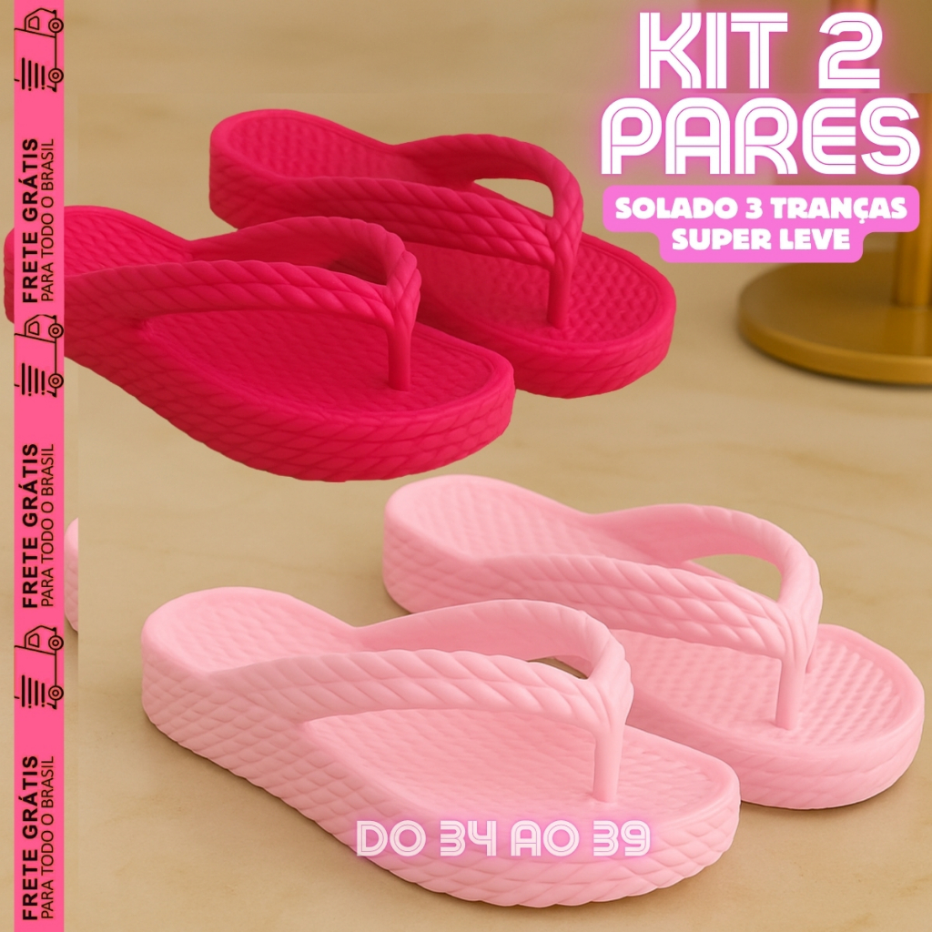 Kit 2 pares Chinelo Feminino Ortopédico 3 Trança