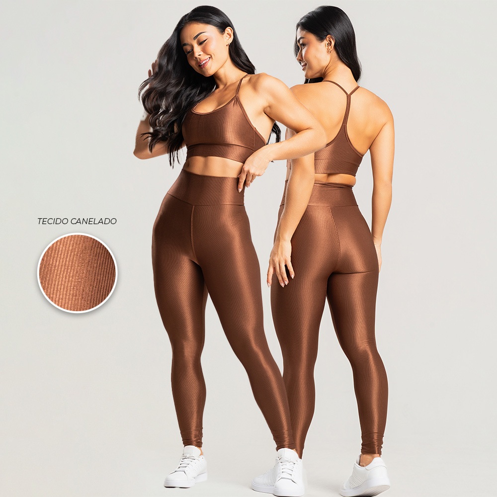 Conjunto fitness canelado feminino academia top e 