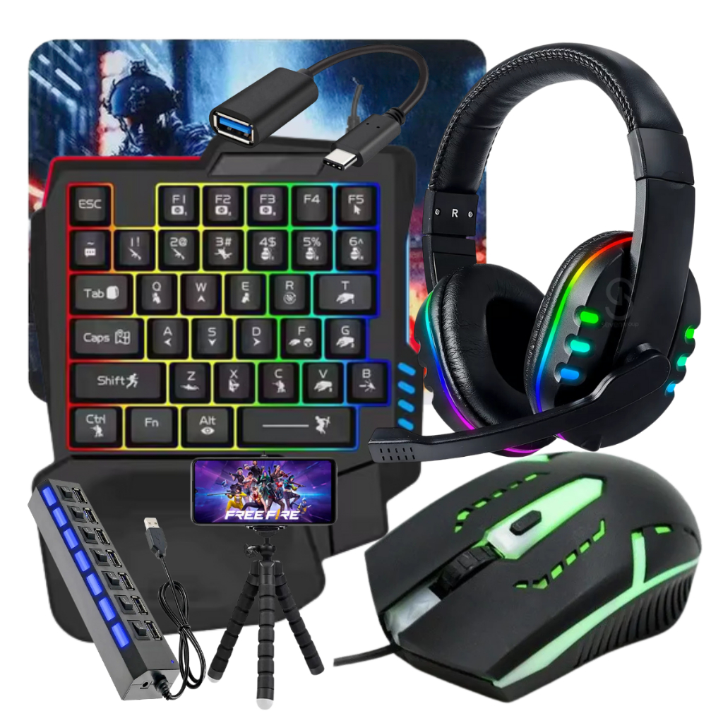 Kit Gamer Mobilador Celular Teclado Mouse  + Fone 