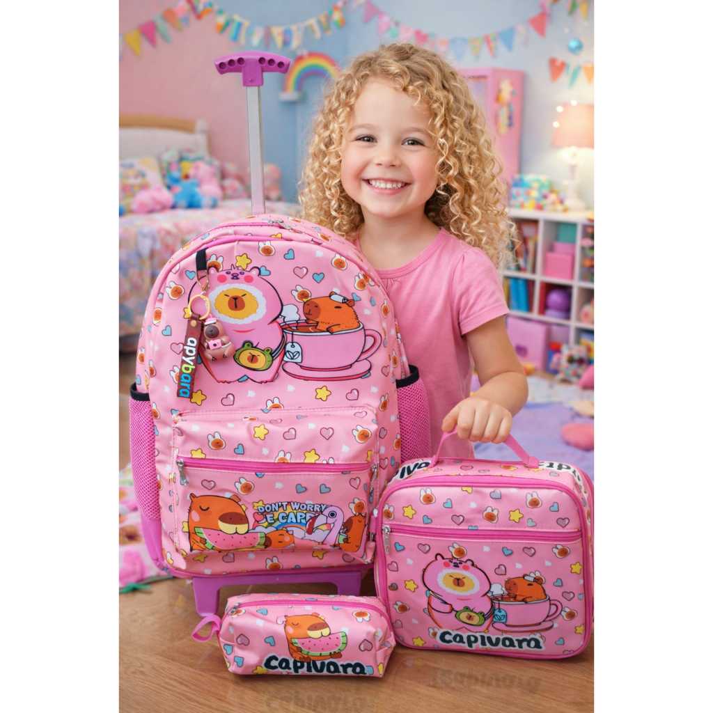 Kit Mochila de Rodinha Lancheira  Estojo Normal Ch