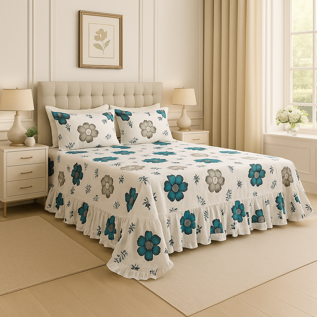 Kit Colcha Lençol com Babado Queen 3 Peças Micro