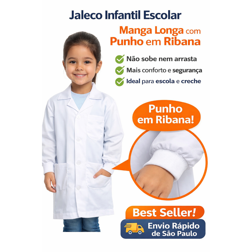 Jaleco Avental Infantil Unissex Manga Longa Com Pu