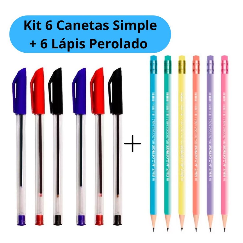 Kit 6 Canetas Simples 2 Cada Cor + 6 Lápis Perola