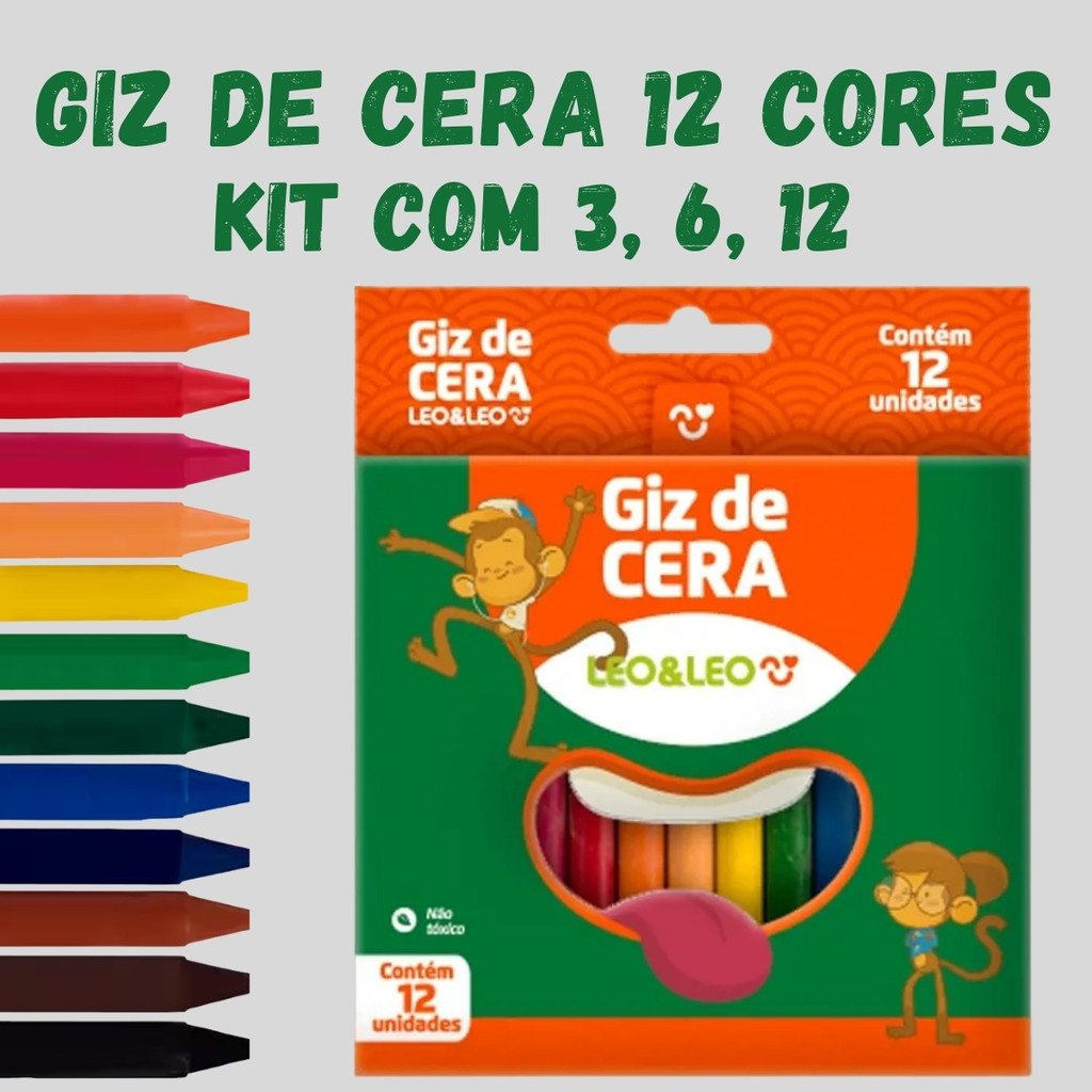 Giz de Cera 12 Cores Kit 3 6 12 Unidades Escolar I