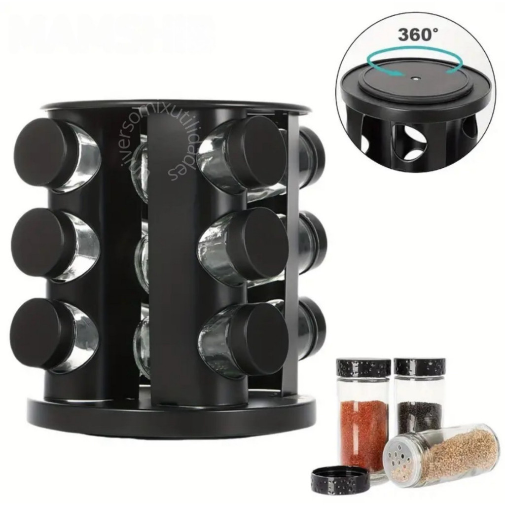Porta Tempero Giratorio Preto Com 6/9 Potes Vidro 