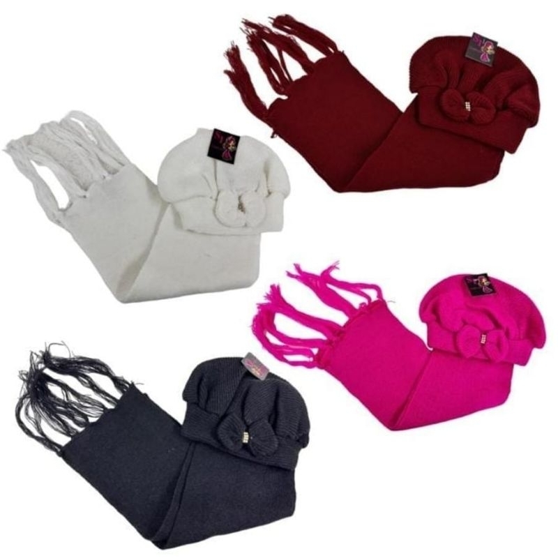 Kit Boina e Cachecol Lã Infantil c/Laço Strass V