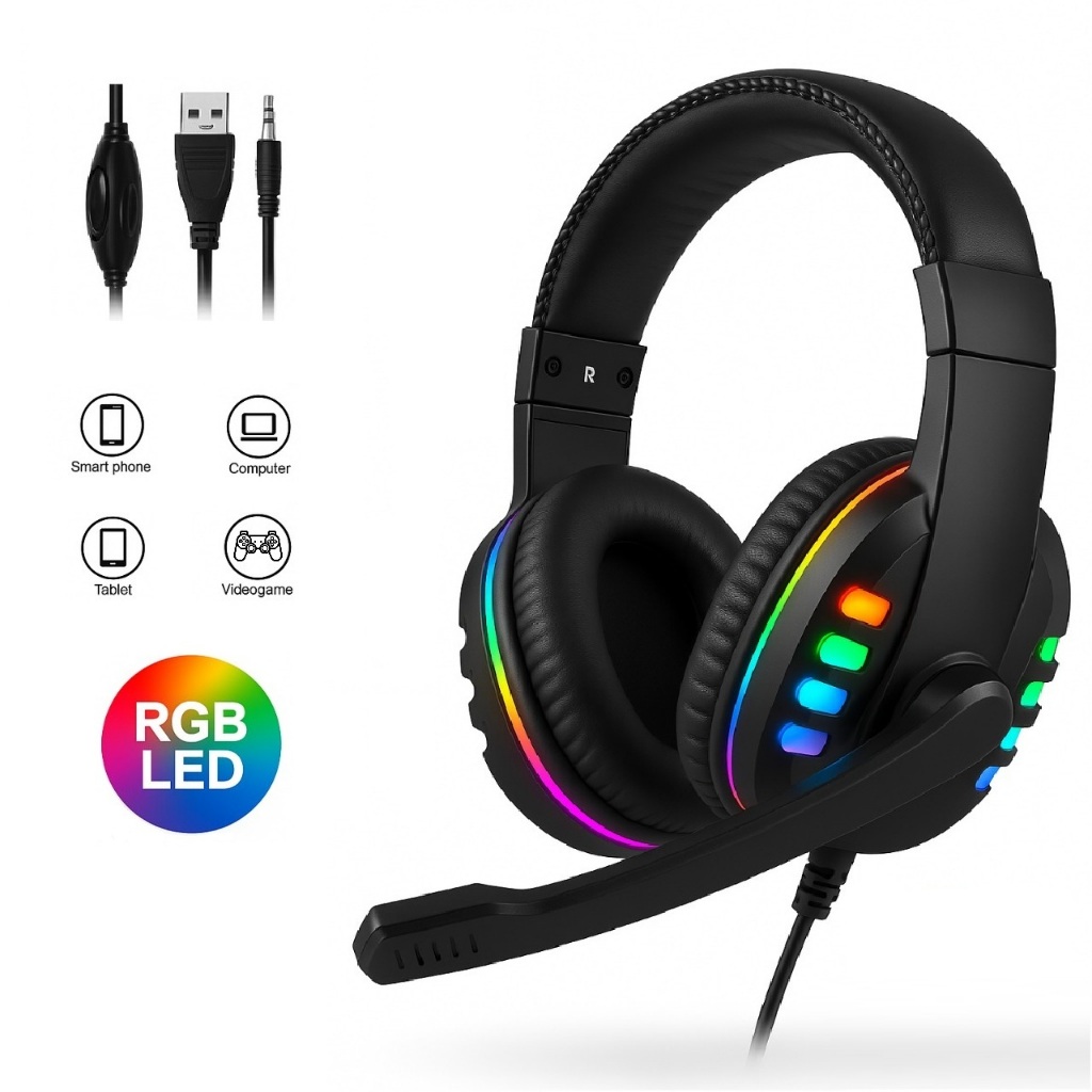 Headset Fone Gamer Led RGB com microfone USB e P2 