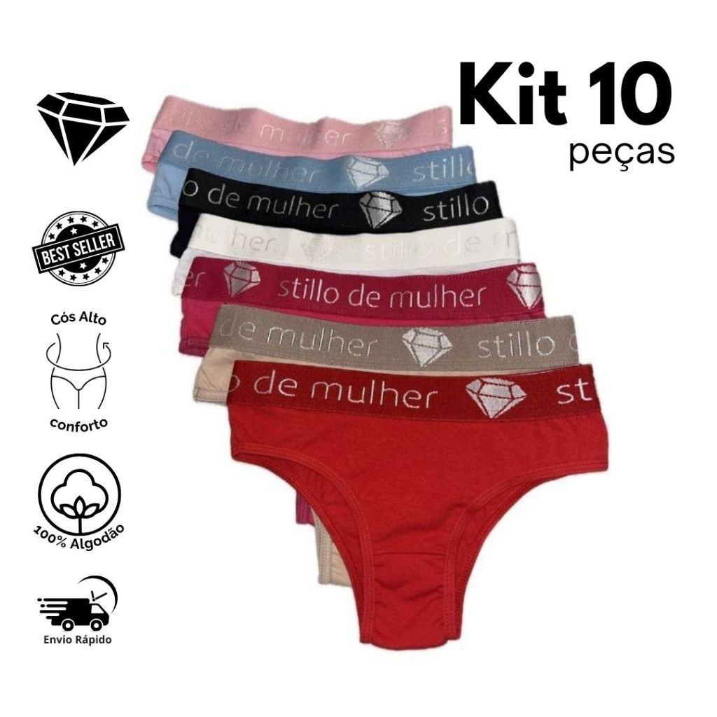 Kit 10 Calcinhas Tanga Conforto Cós Alto 100% Alg