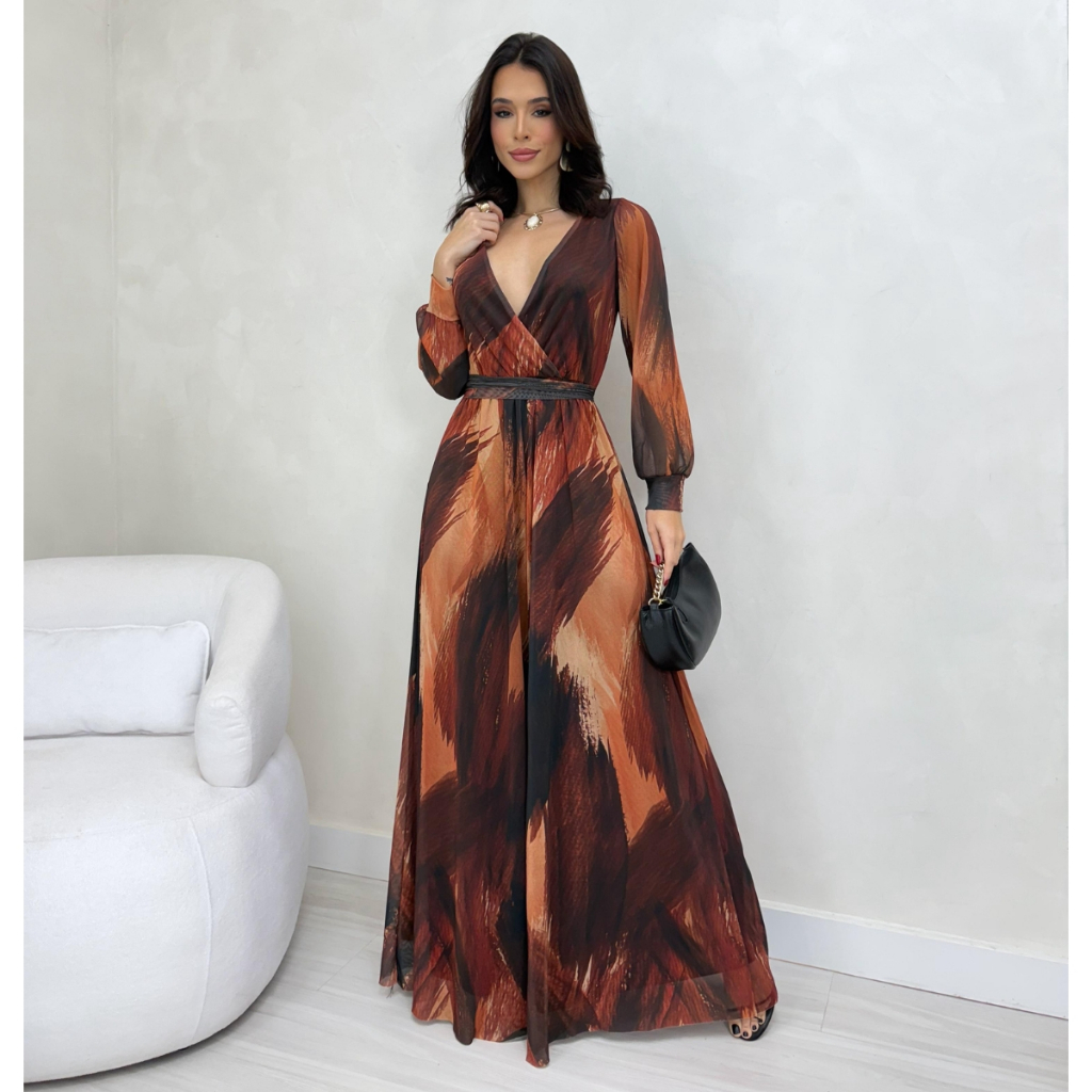 Macacão Longo Feminino Pantalona Tule Estampado F