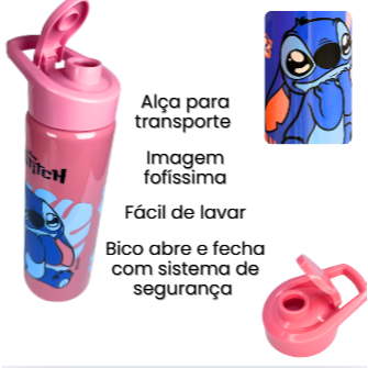 Garrafa Squeeze  Stitch   Com Alça e Bico com Tra