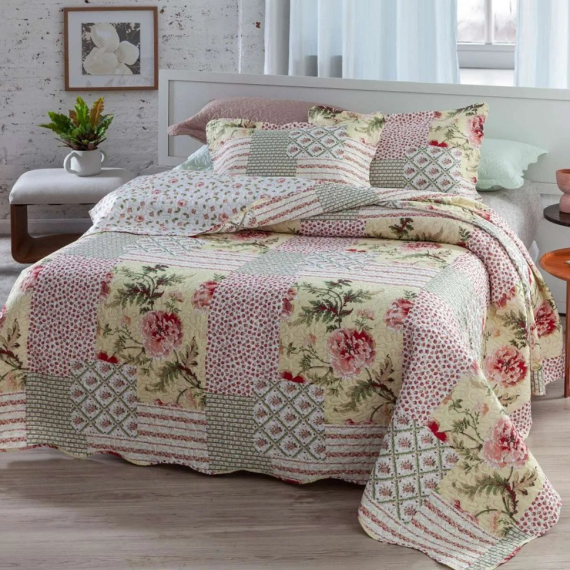 Cobre Leito colcha Casal Dupla Face 3 Peças com F