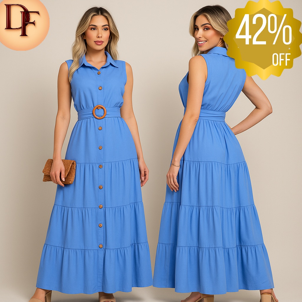 Vestido Longo Feminino Com Botões Elegante Elaste