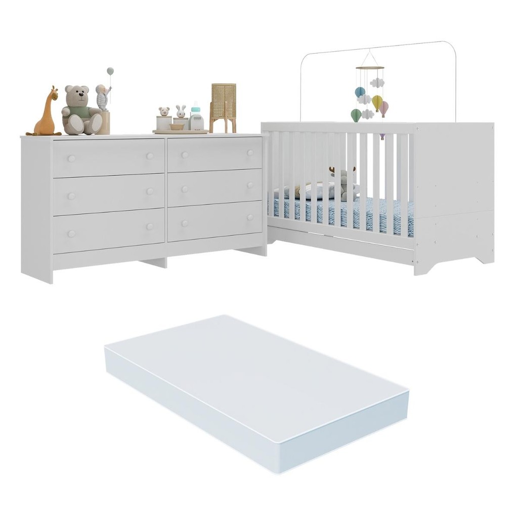 Berço 3 em 1 com Colchão Incluso e Cômoda Pipoc