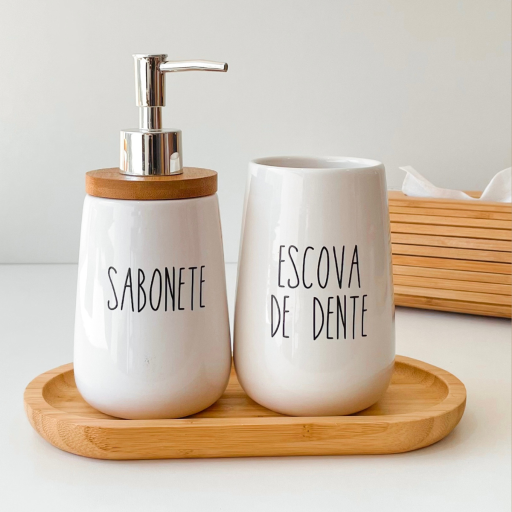 Kit Banheiro Cerâmica Branco Dispenser Sabonete e