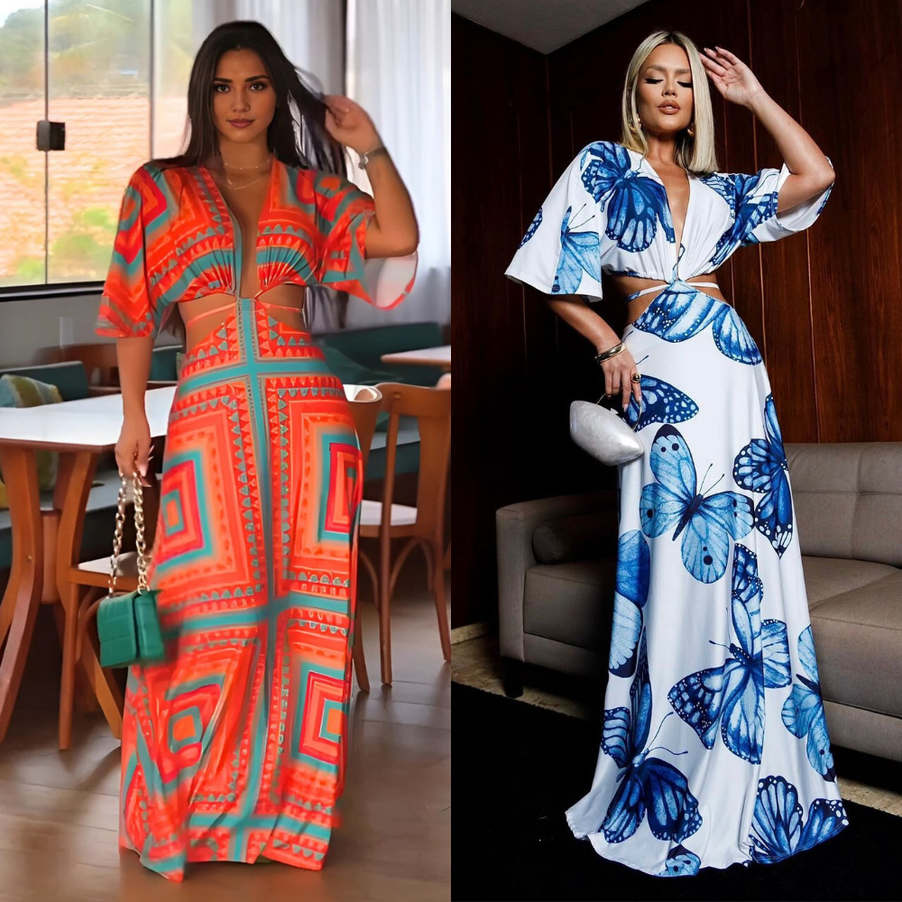 Vestido longo feminino estampado com manga morcego