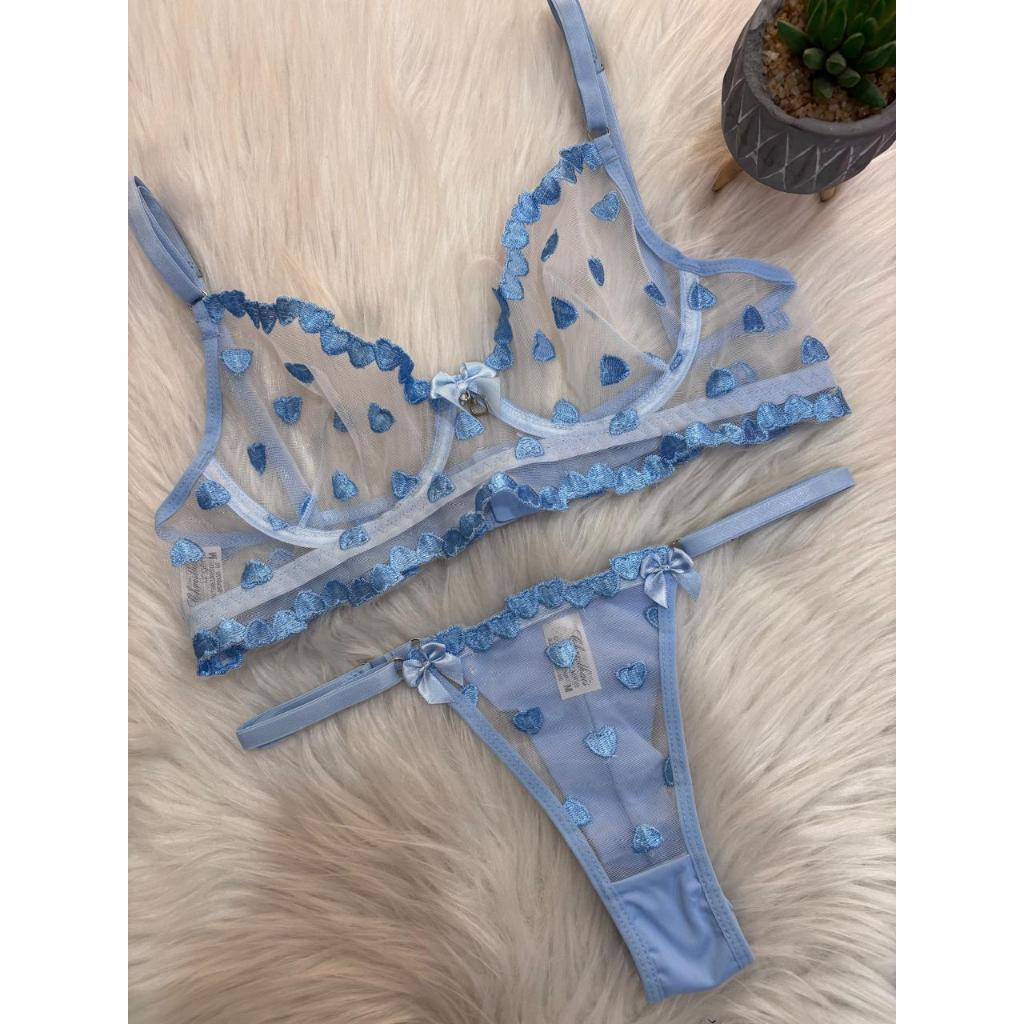 Conjunto Lingerie Sutiã Tule Transparente Bordado