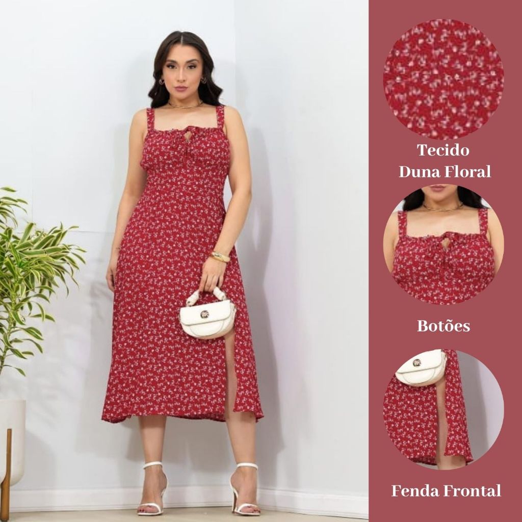Vestido Midi Floral Fenda Frontal Laço Decote Dis