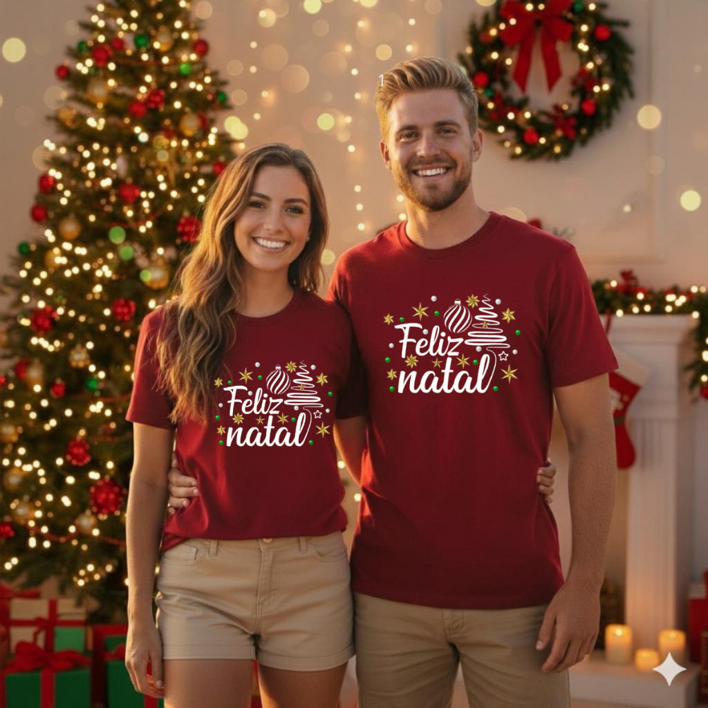 Kit Casal 2 Camisetas Estampadas Feliz Natal Tecid