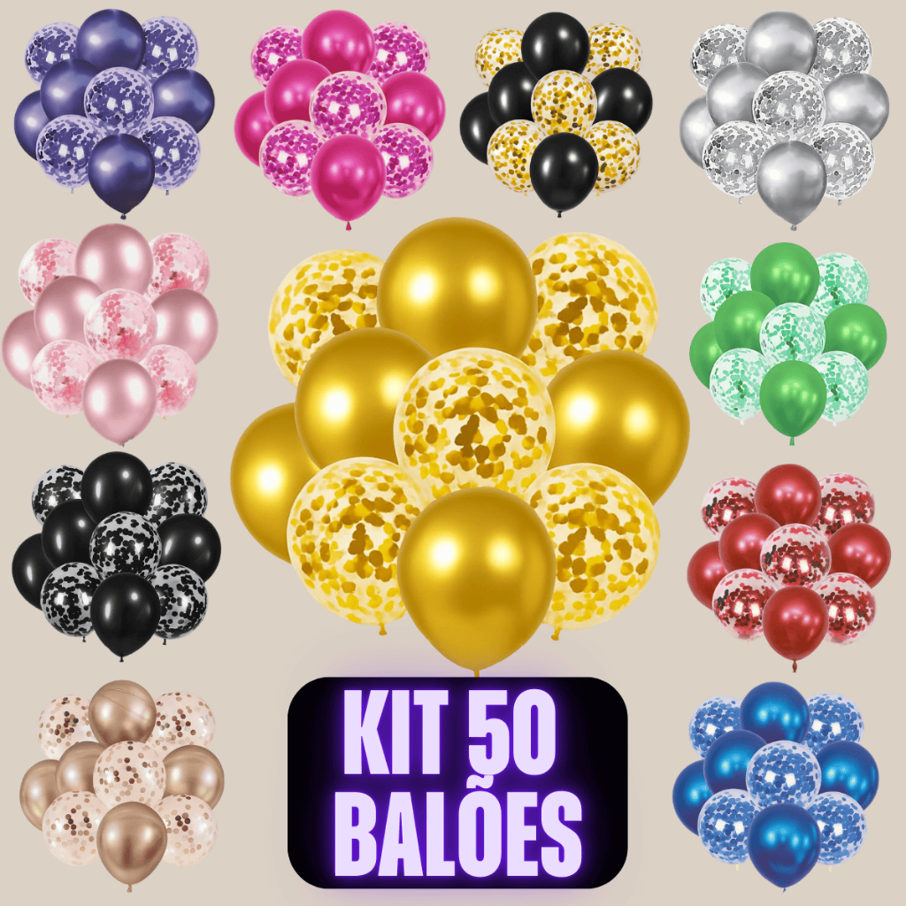 Kit Buque Balão Bexiga Metalizado e Látex Festa 