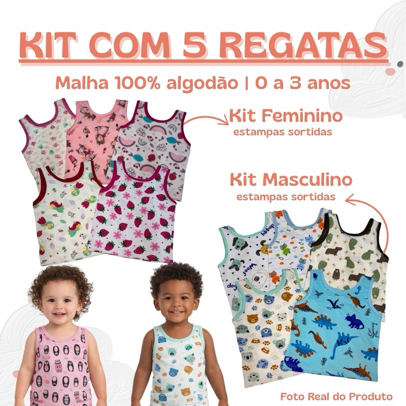 kit com 5 Regatas infantis e bebê de algodão 0 a