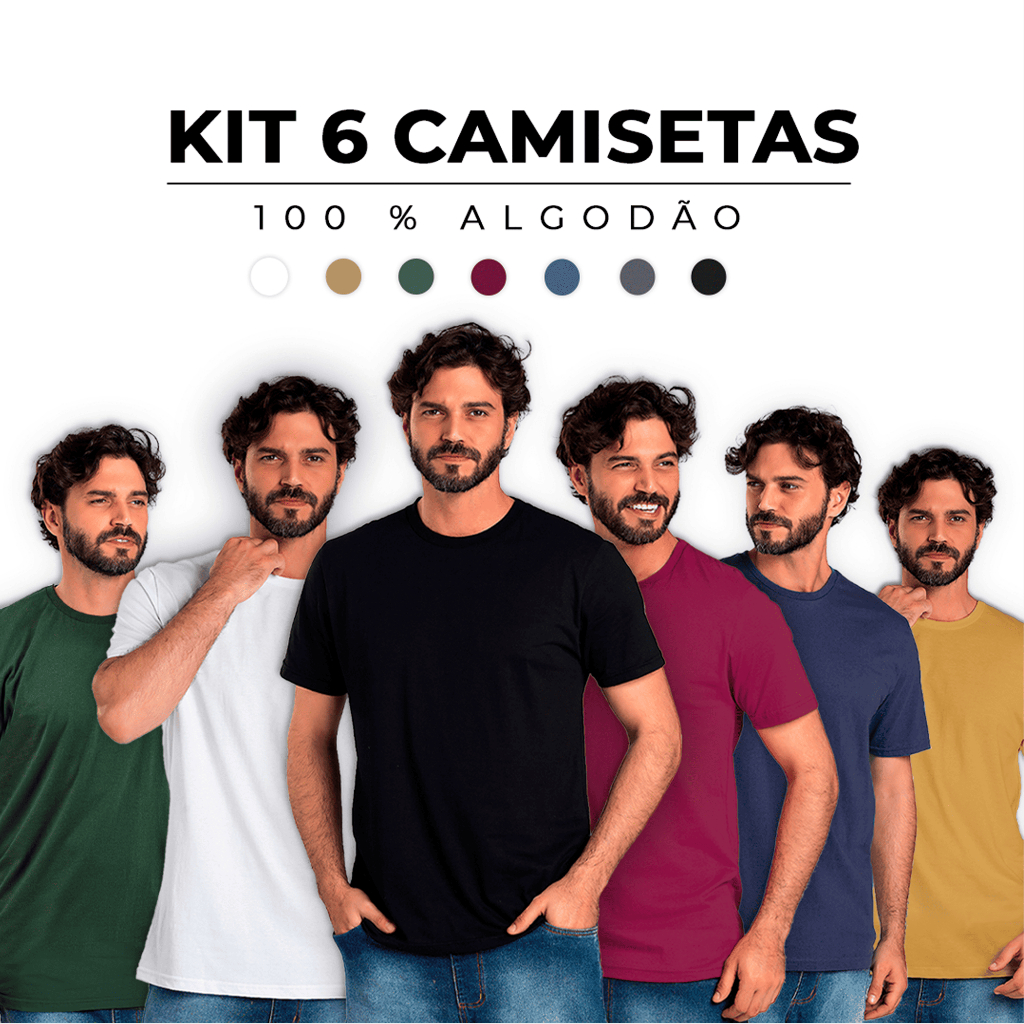 Kit 6 Camisetas Básicas Masculina 100% Algodão C