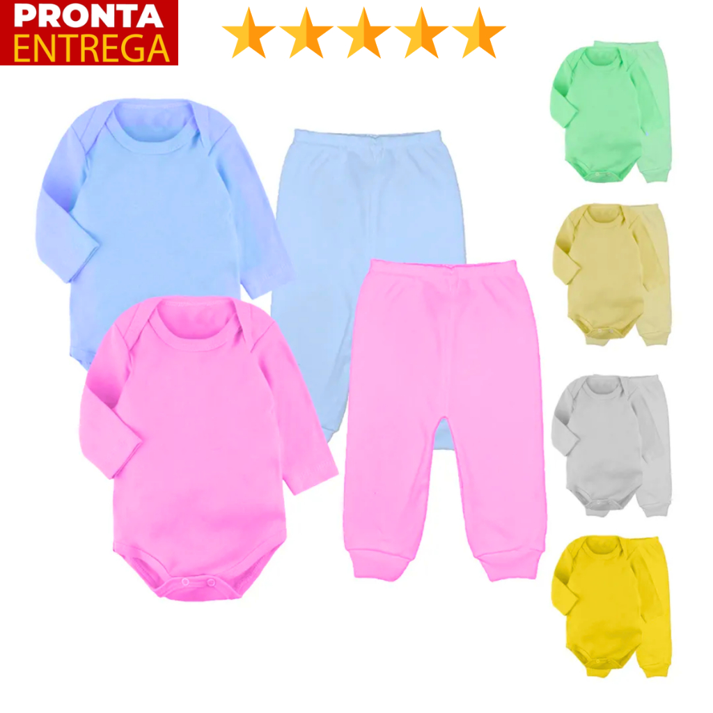 Kit 4 Peças Mijão E Body Manga Longa Liso Infant