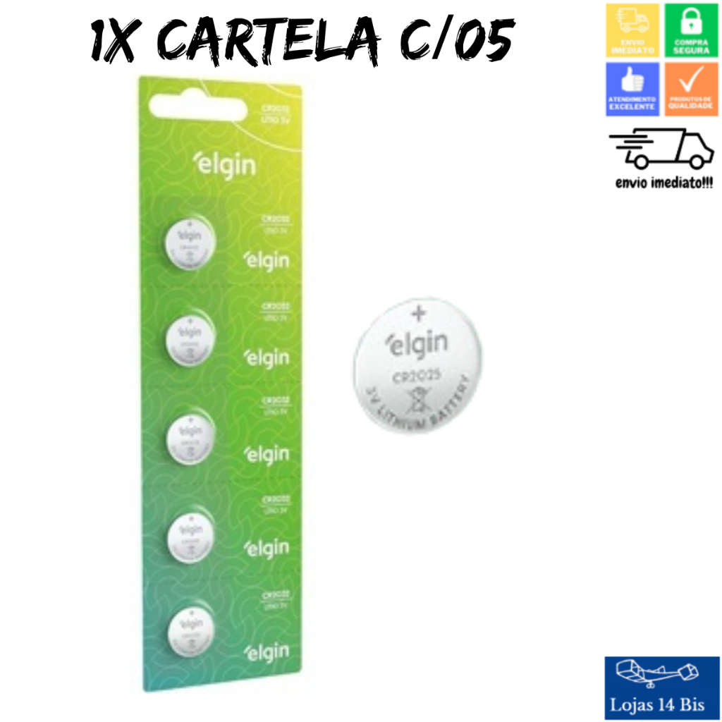 5 Pilha Bateria CR2025 Tipo Moeda 1 Cartela c/ 5 B